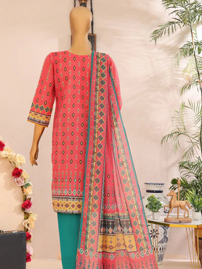 Mtf By Femi 3pc Unstitched Printed Embroidered Lawn - Pale Red