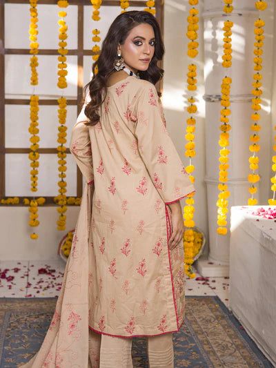 Meeras By MTF Dyed Heavy Embroidered Pima Cotton Lawn - Beige