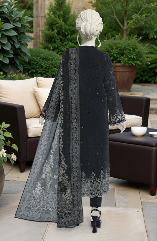 Mtj 3 PIECE PRINTED LAWN SUIT- Black (UNSTITCHED)