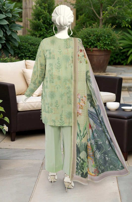 Mtj 3 PIECE PRINTED LAWN SUIT- Light-Green (UNSTITCHED)