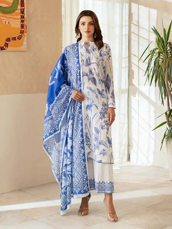 Pearl And Petals by Binaas 3pc Unstitched Bana Dora Lawn Collection – Blue/White