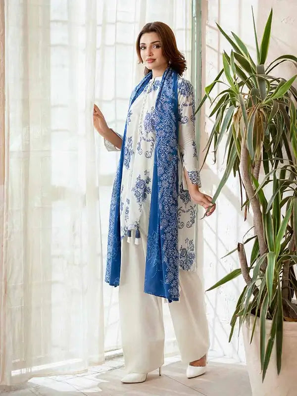 Pearl And Petals by Binaas 3pc Unstitched Bana Dora Lawn Collection – Ash White/Blue