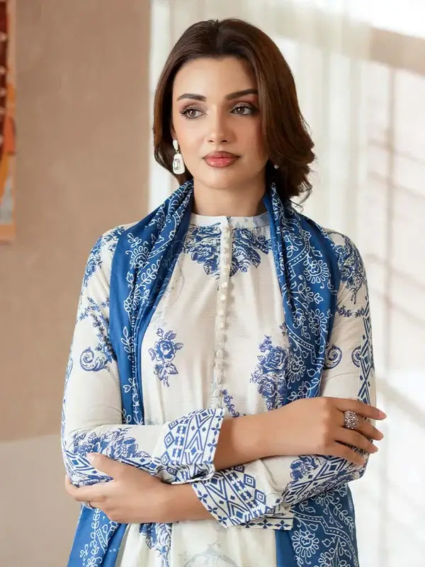 Pearl And Petals by Binaas 3pc Unstitched Bana Dora Lawn Collection – Ash White/Blue