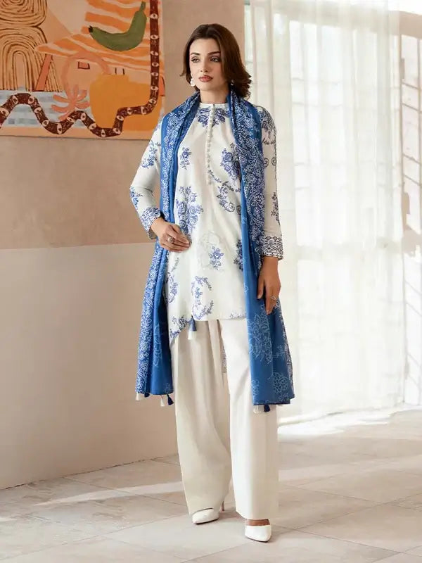 Pearl And Petals by Binaas 3pc Unstitched Bana Dora Lawn Collection – Ash White/Blue