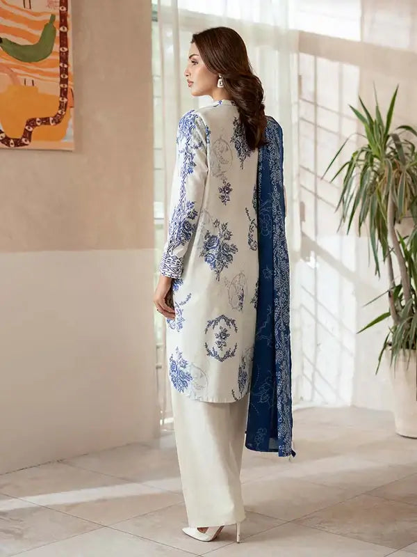 Pearl And Petals by Binaas 3pc Unstitched Bana Dora Lawn Collection – Ash White/Blue