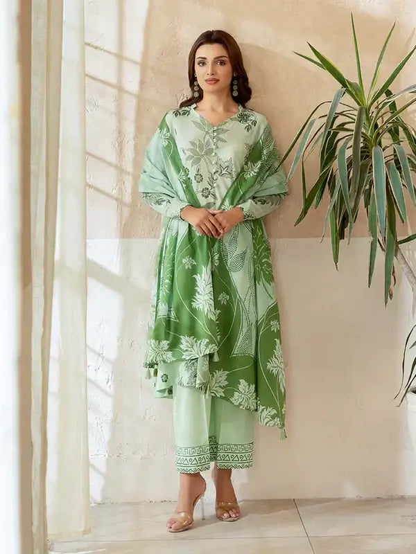 Pearl And Petals by Binaas 3pc Unstitched Bana Dora Lawn Collection – Light Green