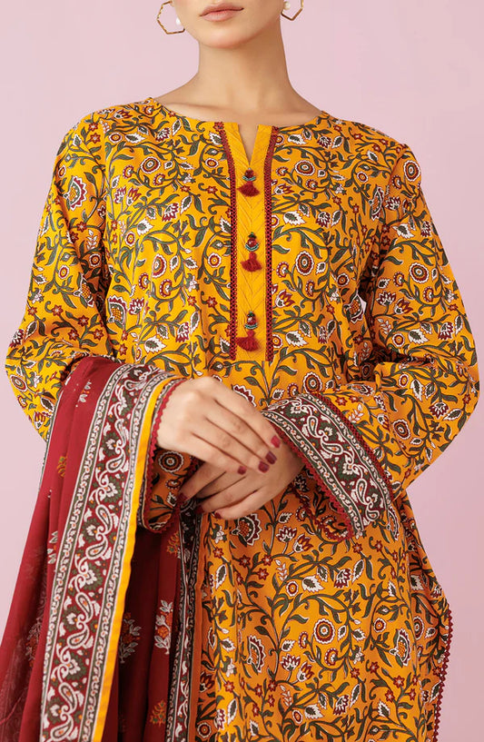 Orient 3 PIECE PRINTED LAWN SUIT- Yellow (UNSTITCHED)