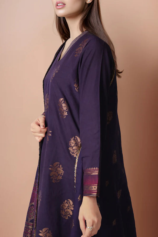 Dark Purple Saya Cotton Jacquard 3pc suit worn by model showcasing luxury unstitched tailoring.