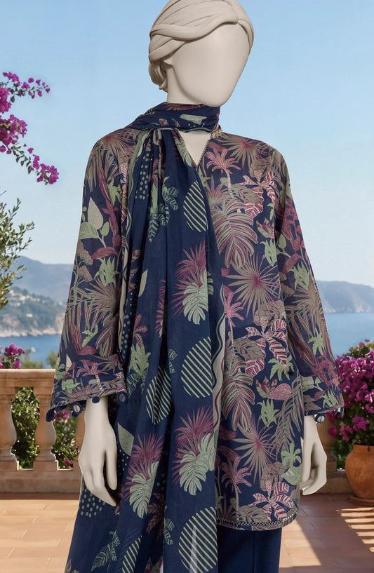 Mtj 3 PIECE PRINTED LAWN SUIT- Blue (UNSTITCHED)