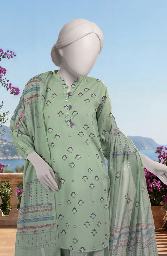 Mtj 3 PIECE PRINTED LAWN SUIT- Light-Green (UNSTITCHED)