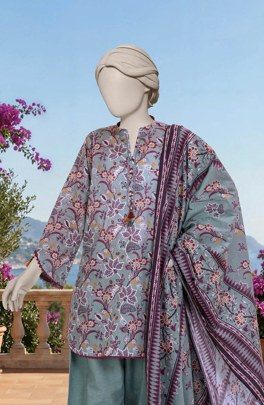 Mtj 3 PIECE PRINTED LAWN SUIT- Slate-Grey (UNSTITCHED)