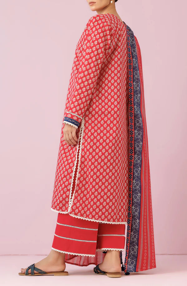 Orient 3 PIECE PRINTED LAWN SUIT- Red (UNSTITCHED)