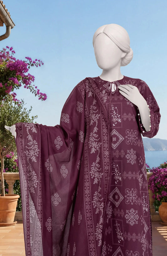 Mtj 3 PIECE PRINTED LAWN SUIT- Maroon (UNSTITCHED)