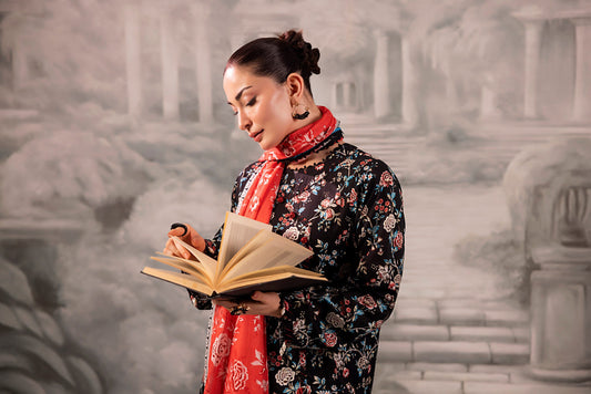 Black Salina Separates Lawn Collection suit worn by model for a sharp, sophisticated summer look.