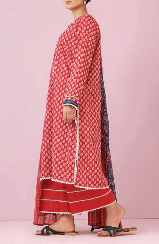 Orient 3 PIECE PRINTED LAWN SUIT- Red (UNSTITCHED)