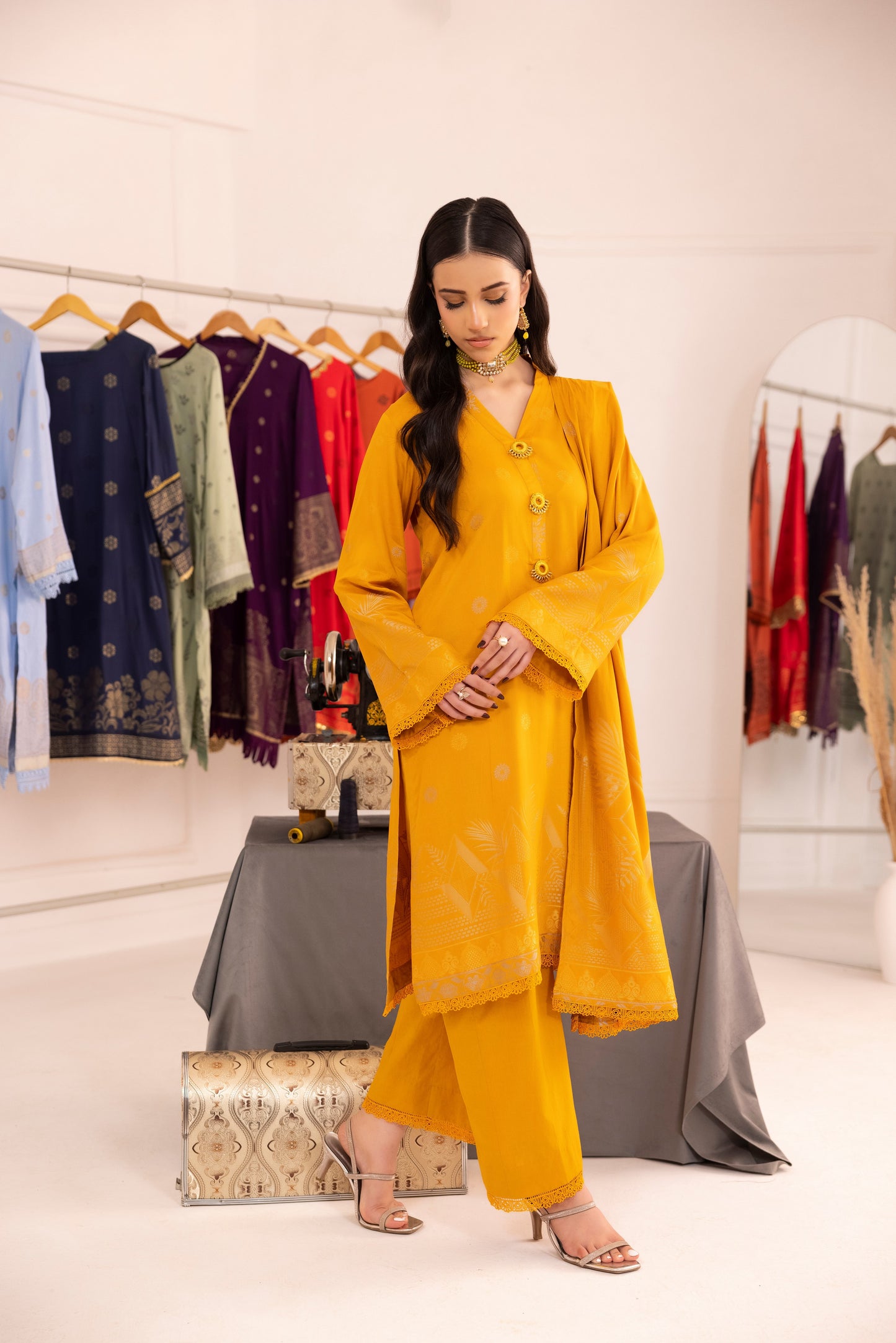 Yellow | Regalia 3pc Unstitched Jacquard Viscose