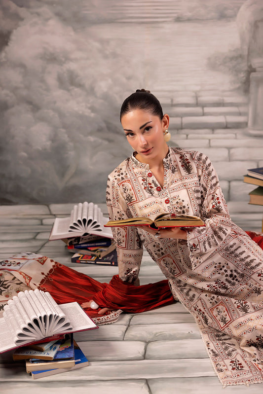 Warm Ivory Salina Separates Lawn Collection worn by model highlighting classic elegance.