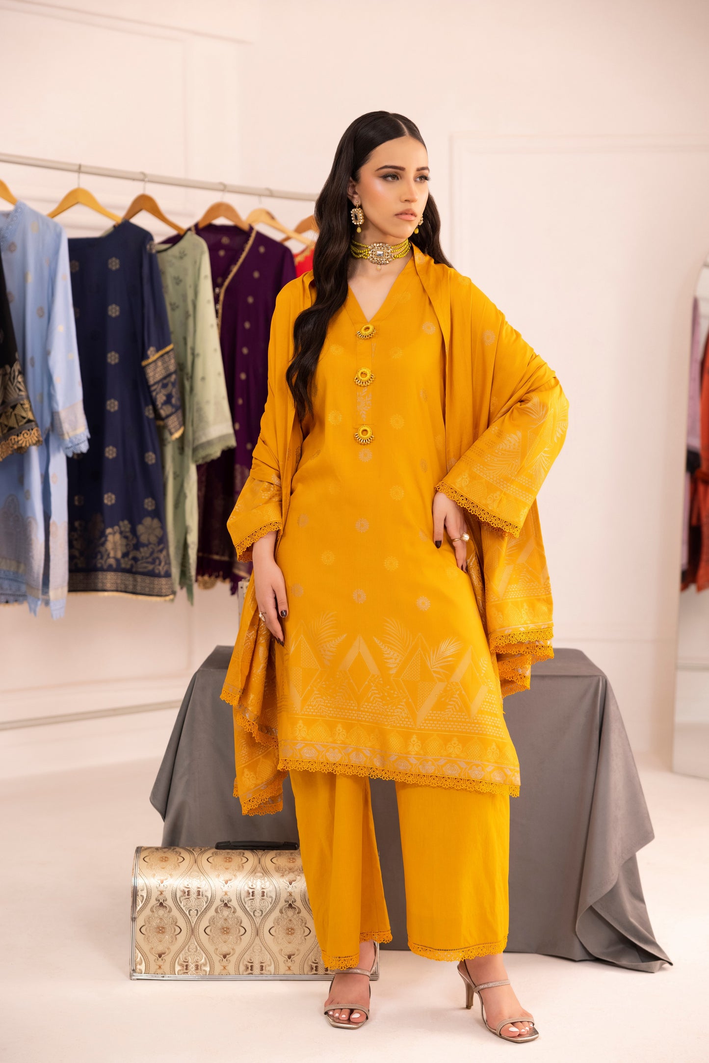 Yellow | Regalia 3pc Unstitched Jacquard Viscose