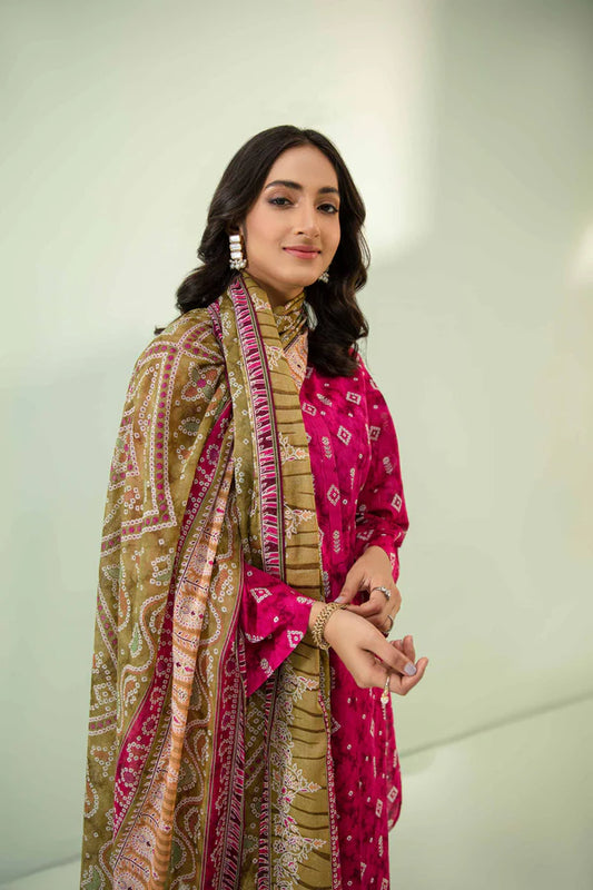 Nisha By Nishat 3pc Unstitched Lawn - Pink model showcasing printed shirt, dupatta, and trousers.