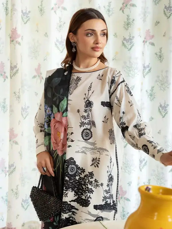 Pearl And Petals by Binaas 3pc Unstitched Bana Dora Lawn Collection – Black/White