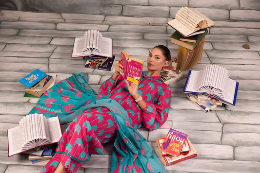 Pink Salina Separates Lawn Collection unstitched set worn by model in a summer garden shoot.