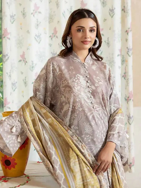Pearl And Petals by Binaas 3pc Unstitched Bana Dora Lawn Collection – Elegant Taupe