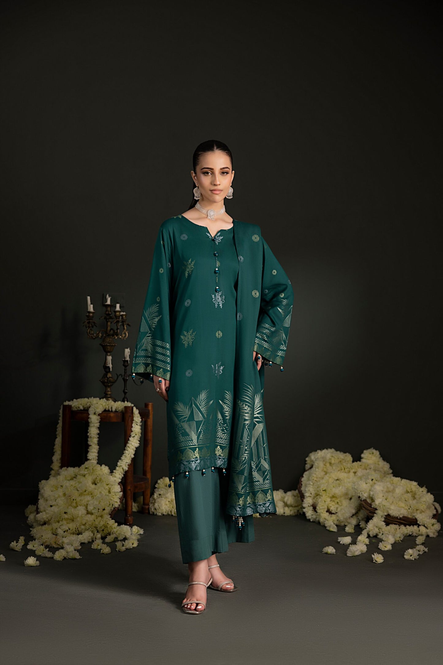 Bottle Green | Regalia 3pc Unstitched Jacquard Viscose