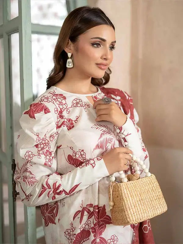 Pearl And Petals by Binaas 3pc Unstitched Bana Dora Lawn Collection – Ash White/Brown