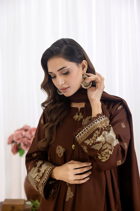 Dark Brown | Regalia 3pc Unstitched Jacquard Viscose