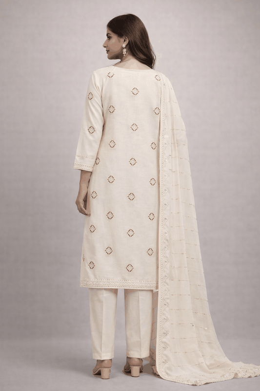 Off White luxury chiffon embroidered shirt with detailed back, sleeves, and shamooz trouser