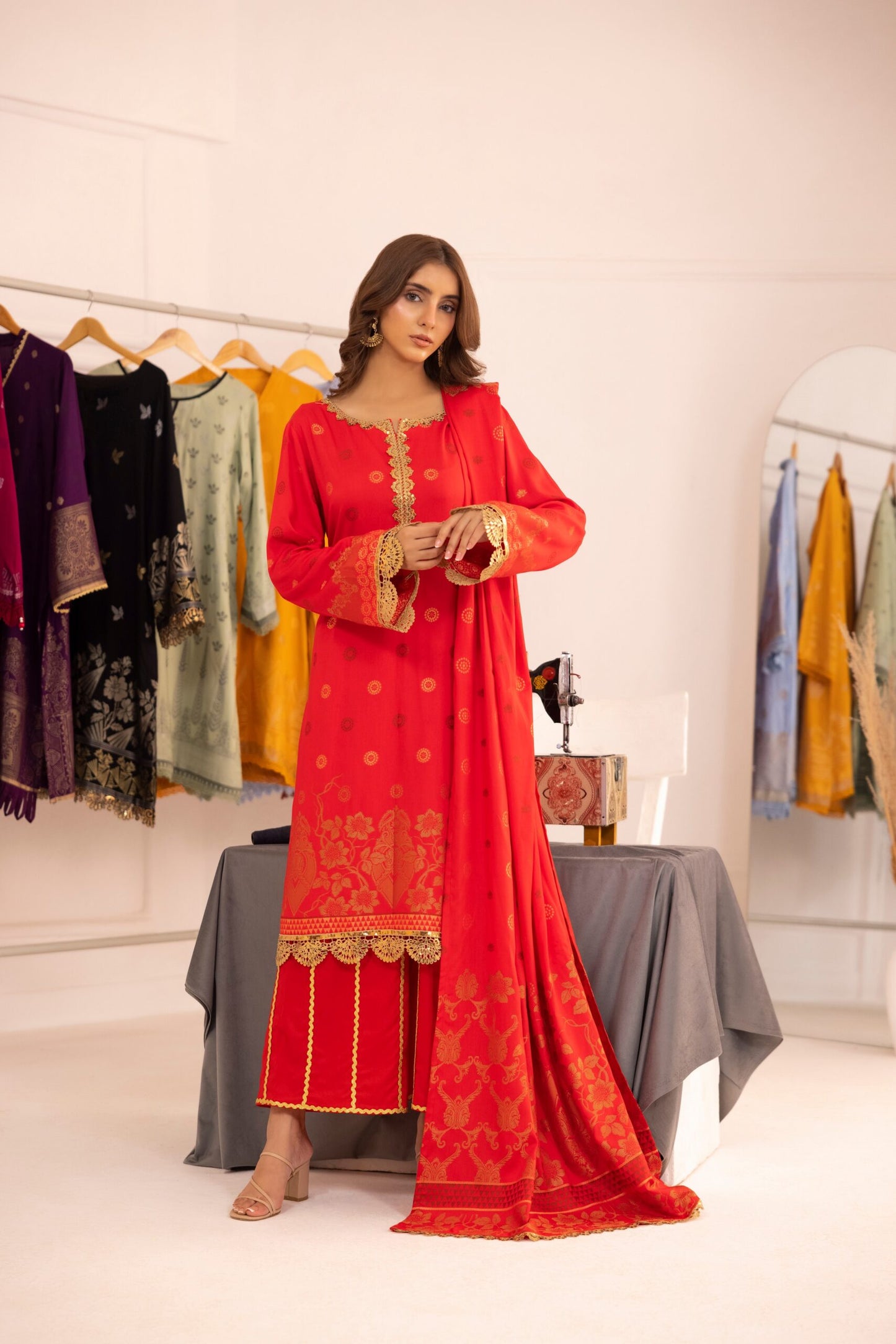 Red | Regalia 3pc Unstitched Jacquard Viscose