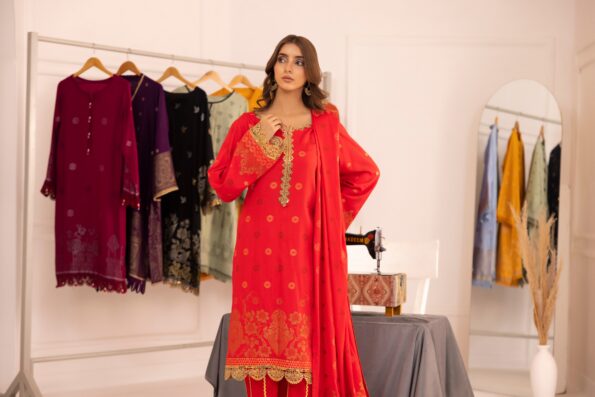 Red | Regalia 3pc Unstitched Jacquard Viscose