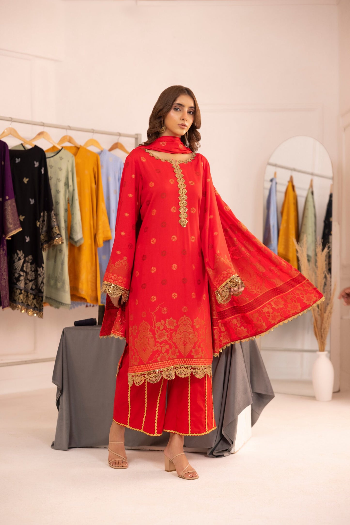 Red | Regalia 3pc Unstitched Jacquard Viscose