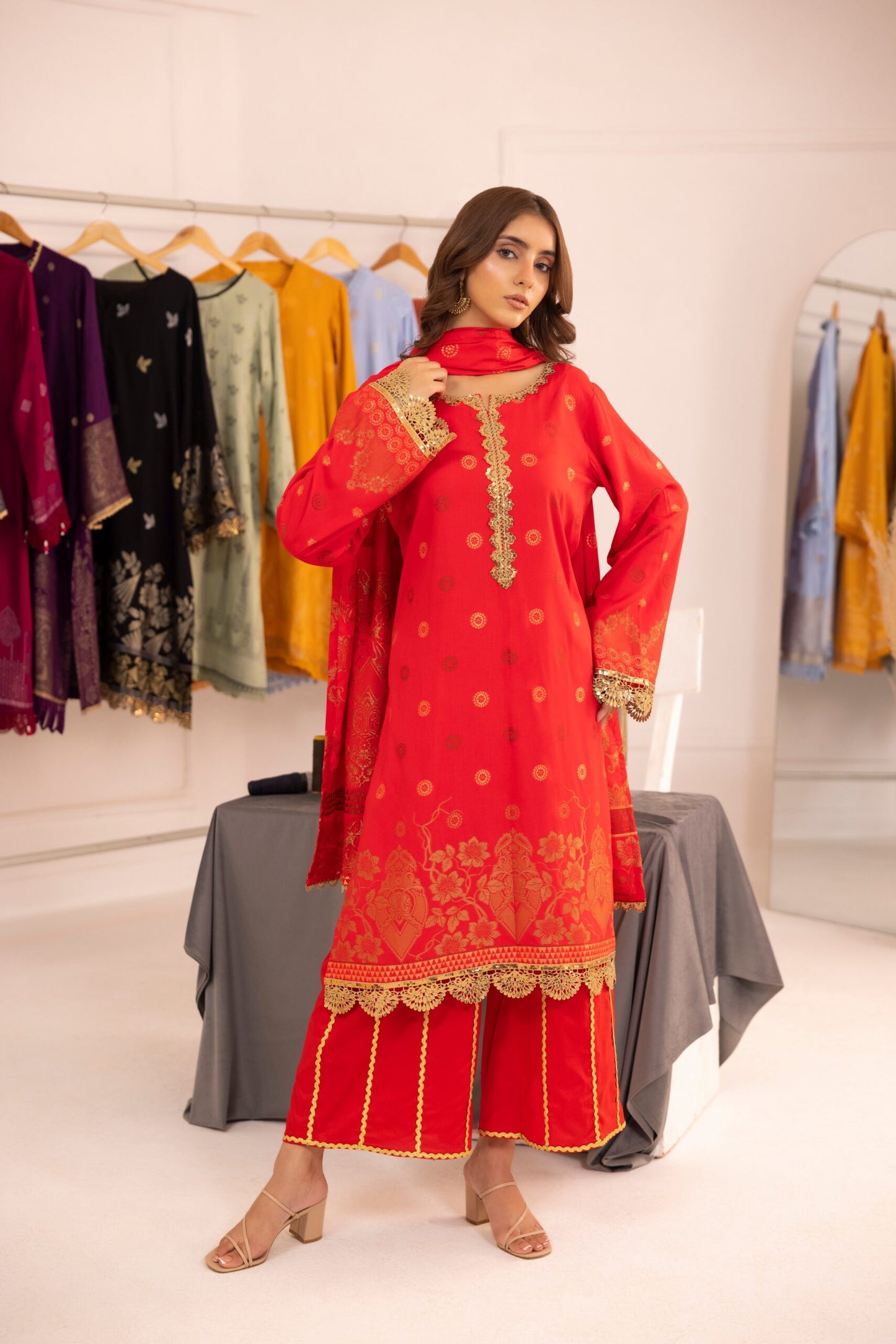 Red | Regalia 3pc Unstitched Jacquard Viscose