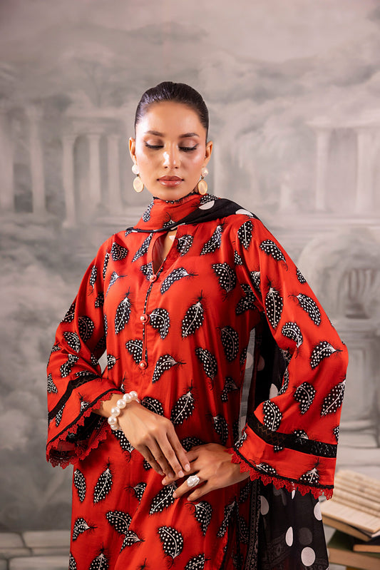 Red Salina Separates Lawn Collection suit worn by model for a bold, festive summer look.