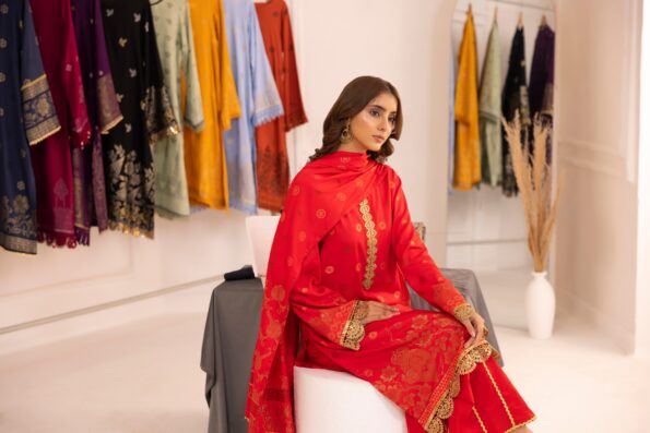 Red | Regalia 3pc Unstitched Jacquard Viscose
