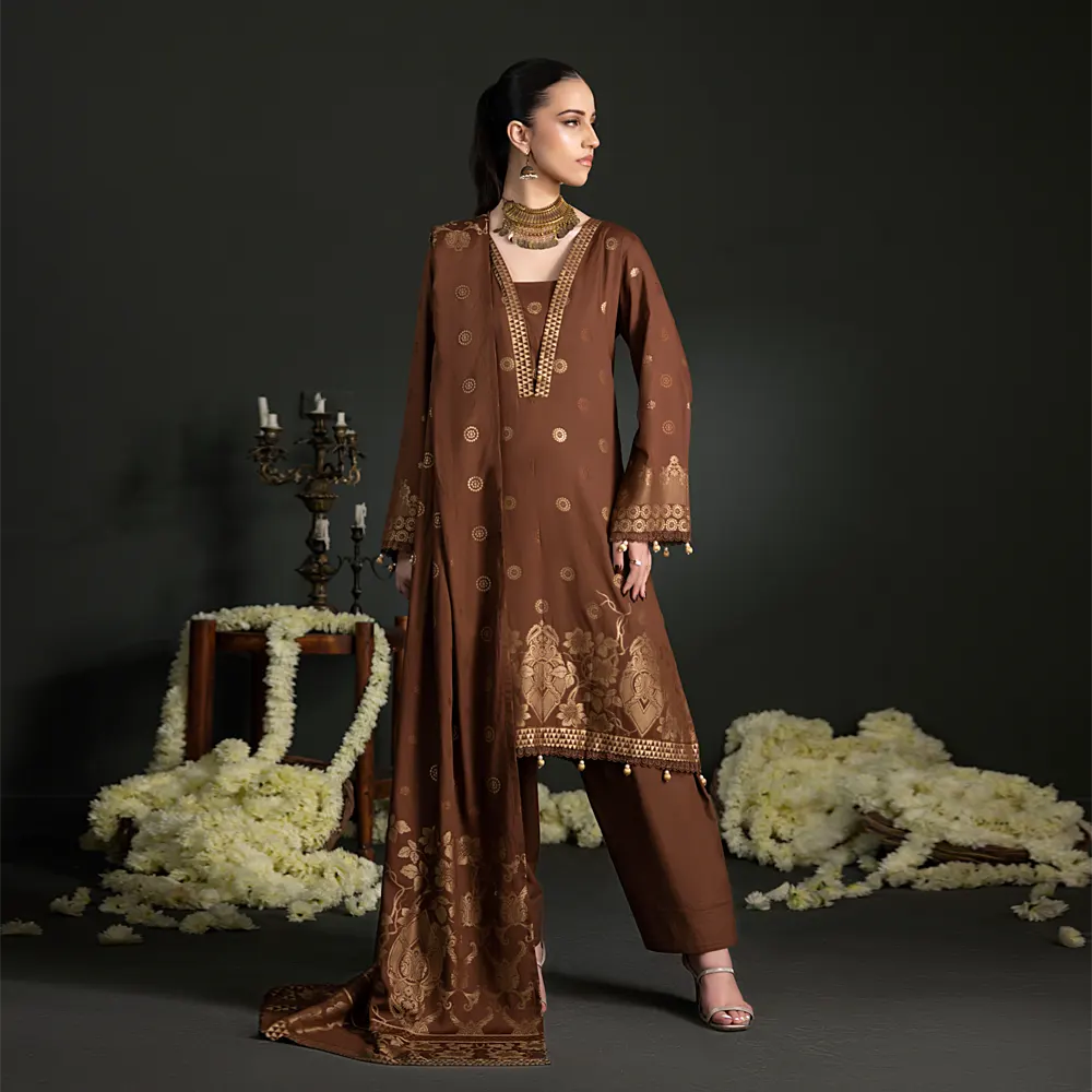 Dark Brown | Regalia 3pc Unstitched Jacquard Viscose