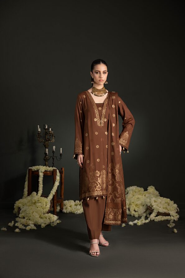 Dark Brown | Regalia 3pc Unstitched Jacquard Viscose