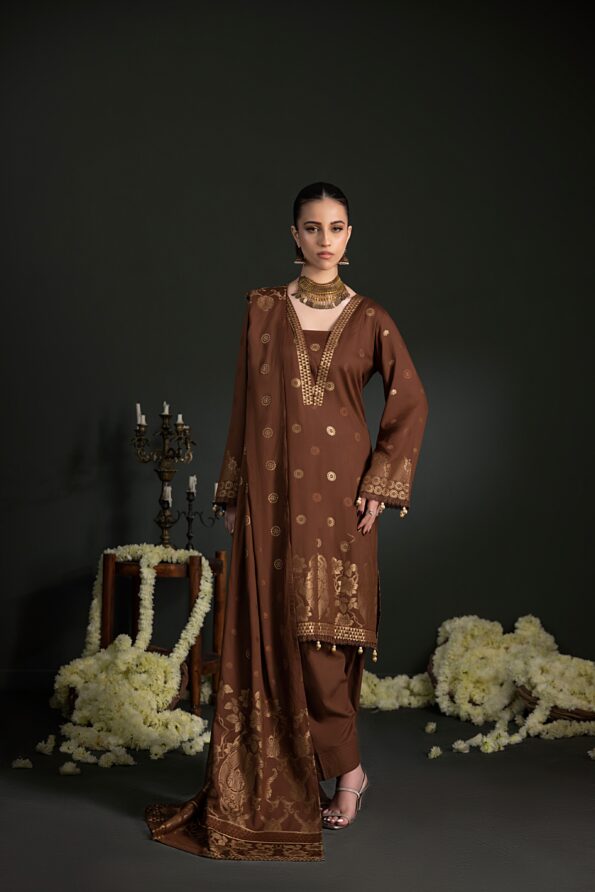 Dark Brown | Regalia 3pc Unstitched Jacquard Viscose