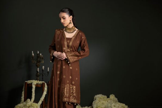 Dark Brown | Regalia 3pc Unstitched Jacquard Viscose