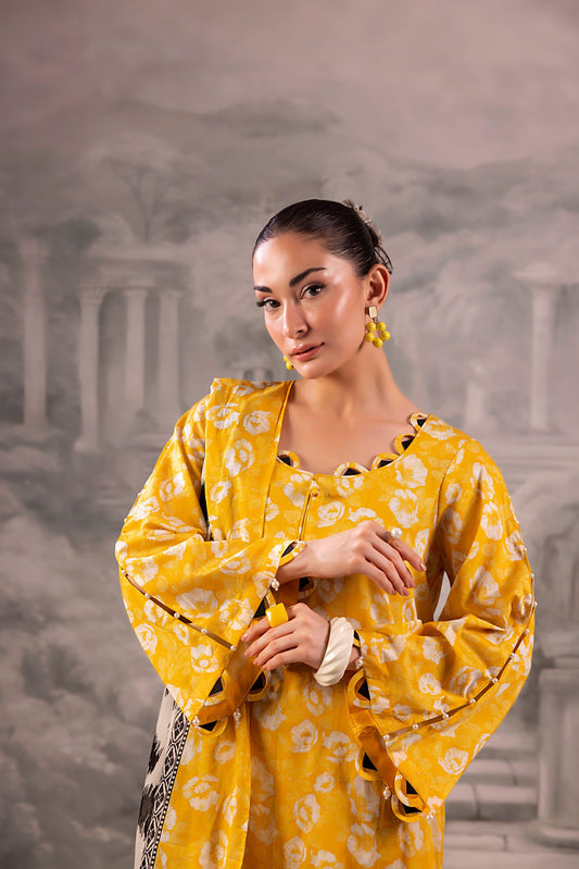 Yellow Salina Separates Lawn Collection unstitched suit worn by model showcasing vibrant style.
