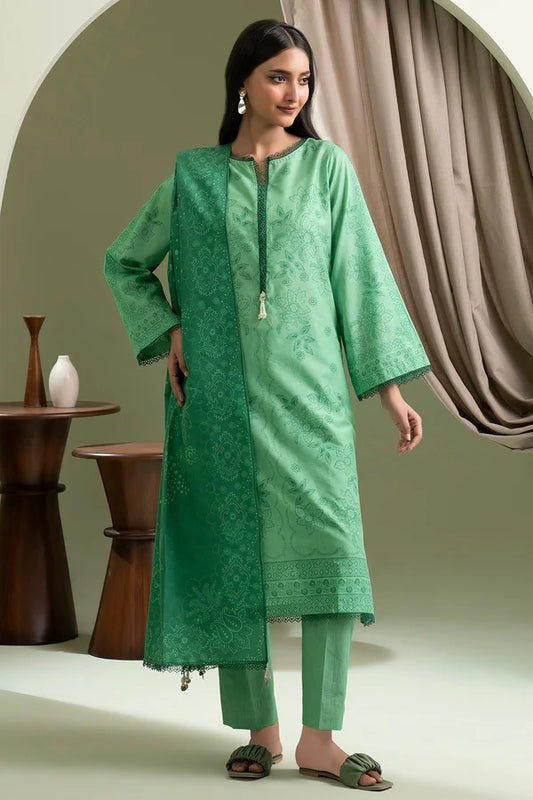 Green Zellbury 3pc Unstitched Lawn Suit – Stylish Pakistani Lawn Outfit 2025