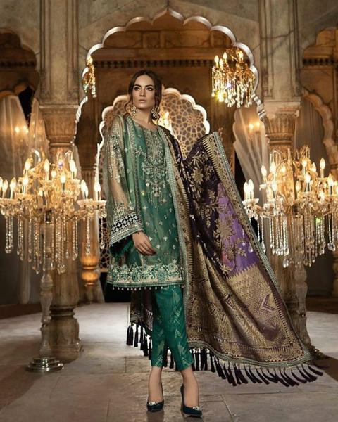 shot of the Maria B Embroidered Formal Net Dress Green replica