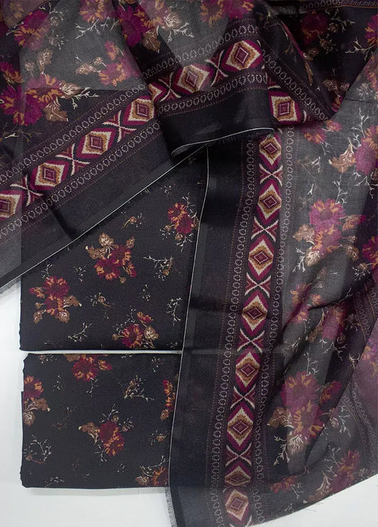 Floral and geometric patterned fabric with a black ribbon on a white background