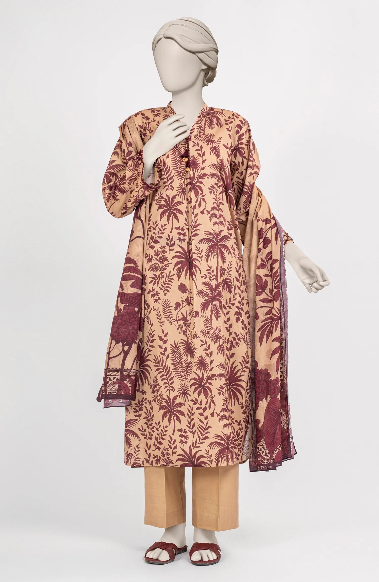 Mtj 3 PIECE PRINTED LAWN SUIT- Beige (UNSTITCHED)