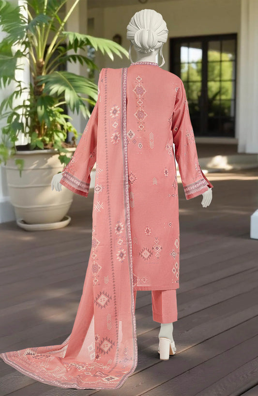 Mtj 3 PIECE PRINTED LAWN SUIT- Peach (UNSTITCHED)