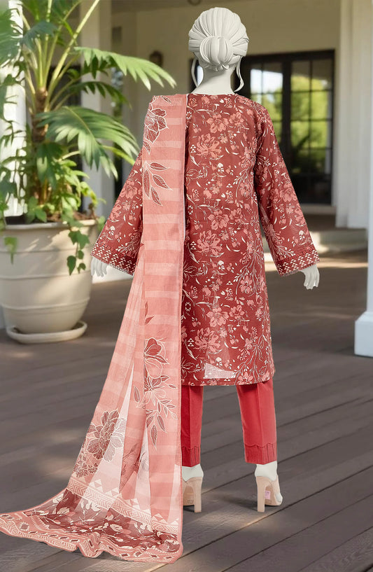 Mtj 3 PIECE PRINTED LAWN SUIT- Red (UNSTITCHED)