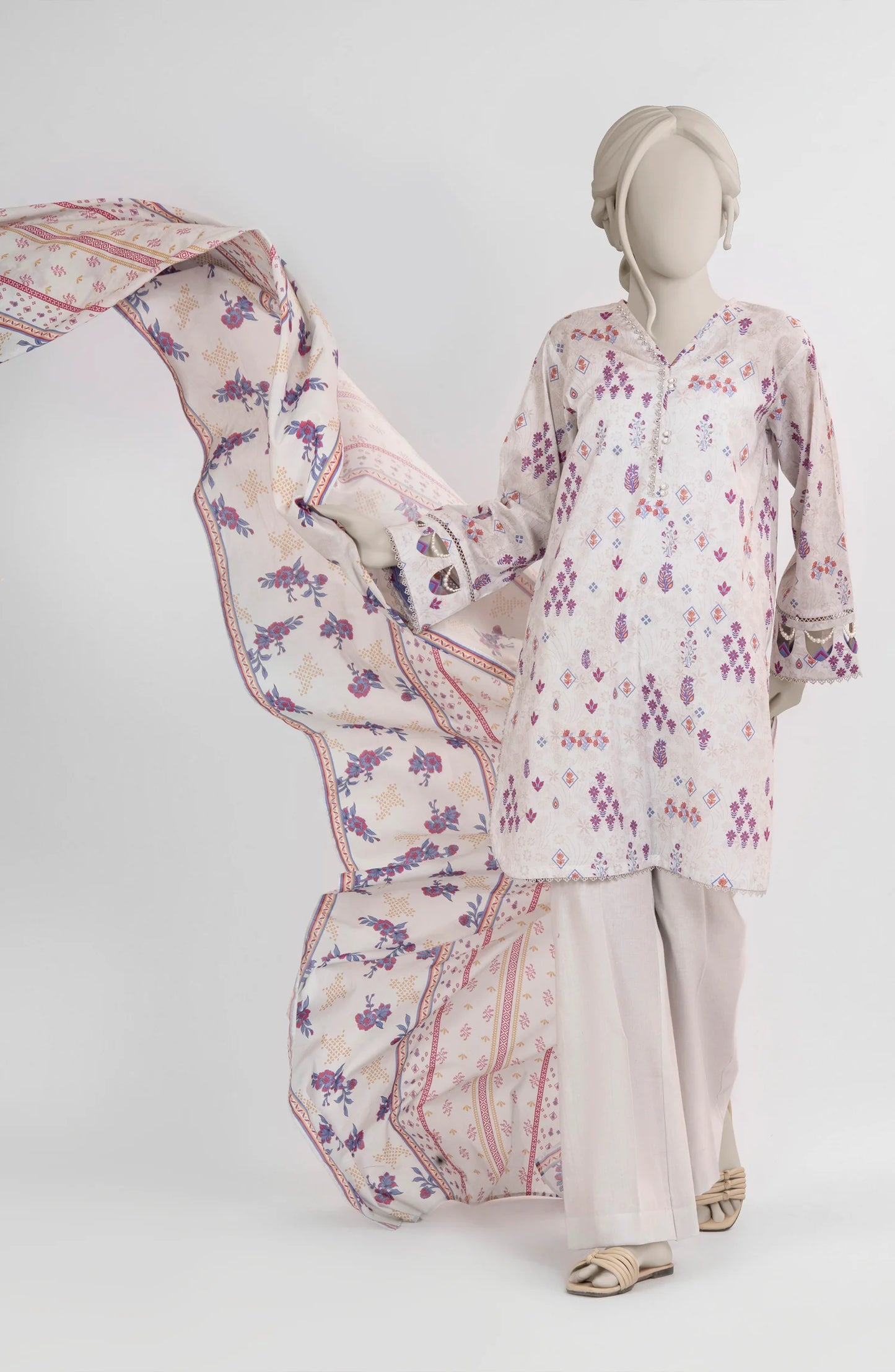 Mtj 3 PIECE PRINTED LAWN SUIT- Light Beige (UNSTITCHED)