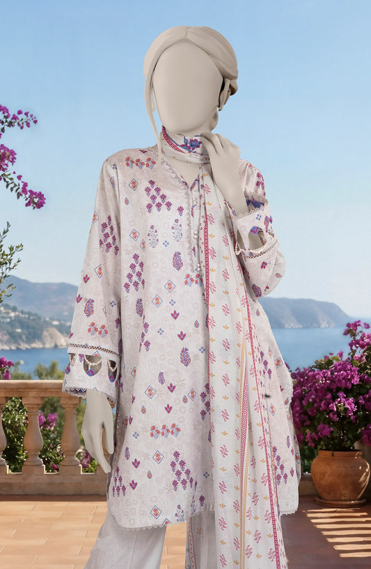 Mtj 3 PIECE PRINTED LAWN SUIT- Light Beige (UNSTITCHED)