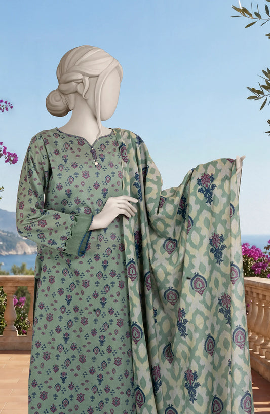 Mtj 3 PIECE PRINTED LAWN SUIT- Green (UNSTITCHED)